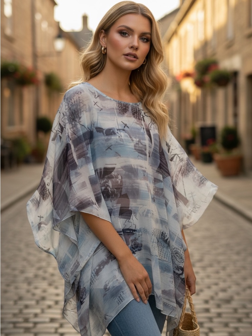 Sheer Abstract Print Poncho Tunic in Blue and Gray